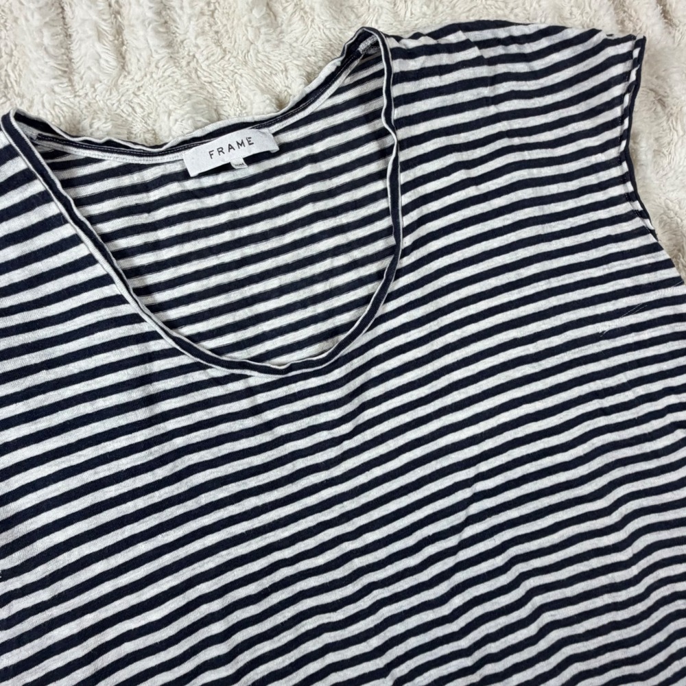 FRAME Namu Navy White Striped Organic Linen Scoop Neck Tee LWTS1720 M
